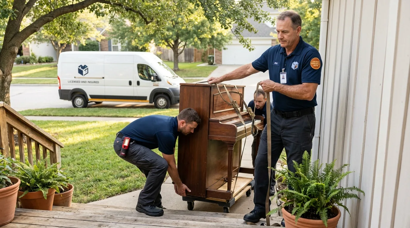 Licensed piano movers securing grand piano in North Providence, RI