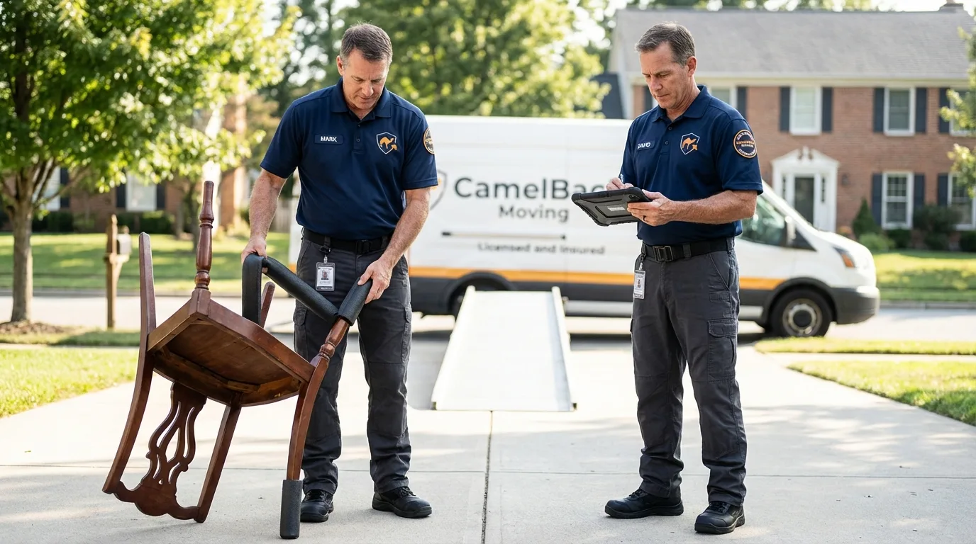 Movers inspecting furniture for damage prevention before loading in North Providence, RI