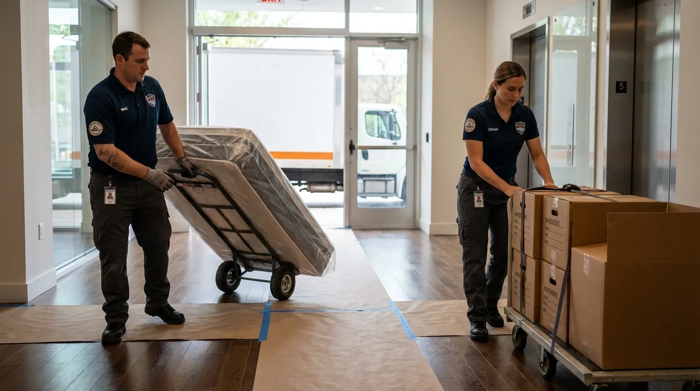 Professional apartment movers loading elevator in North Providence, RI