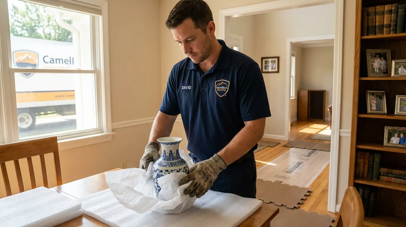 Professional crew carefully wrapping antique vase for senior downsizing move in North Providence, RI