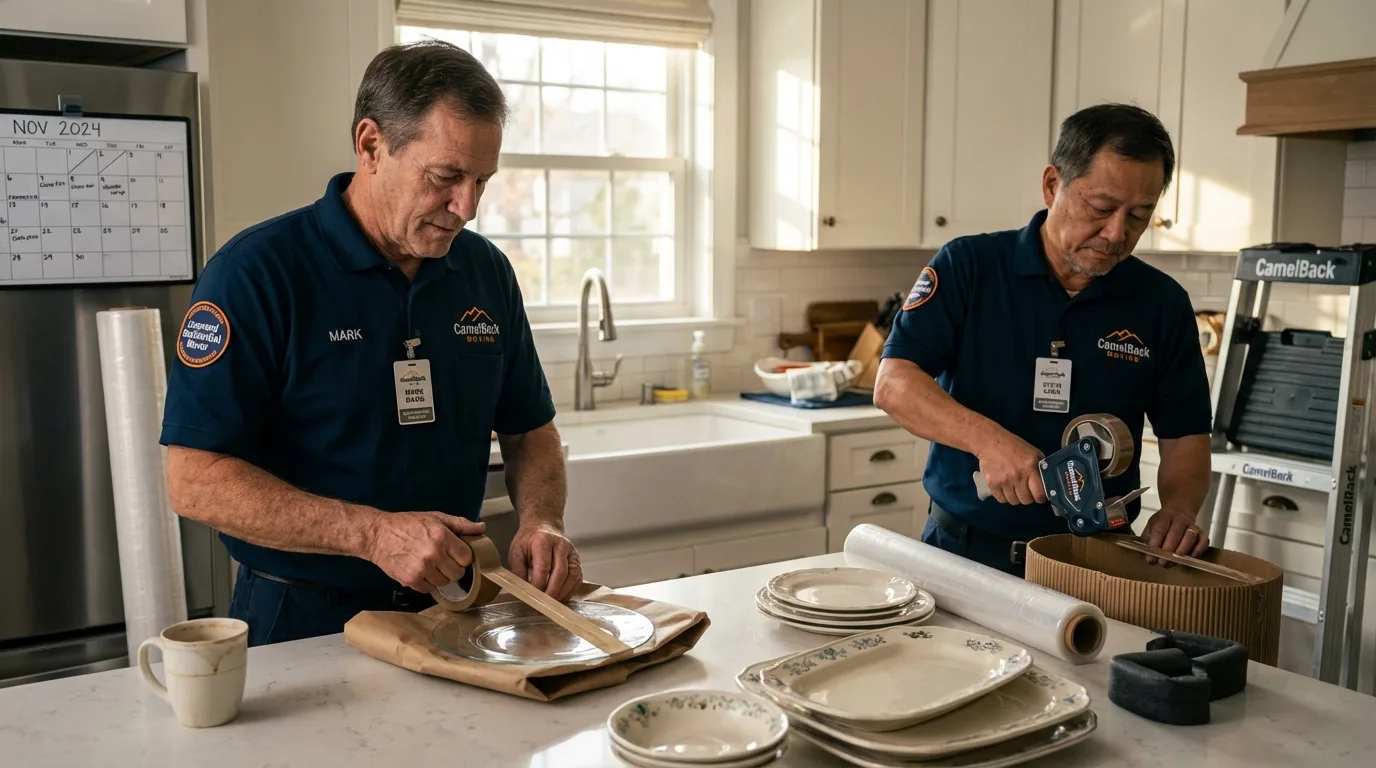 Professional crew packing kitchen dishware in North Providence, RI